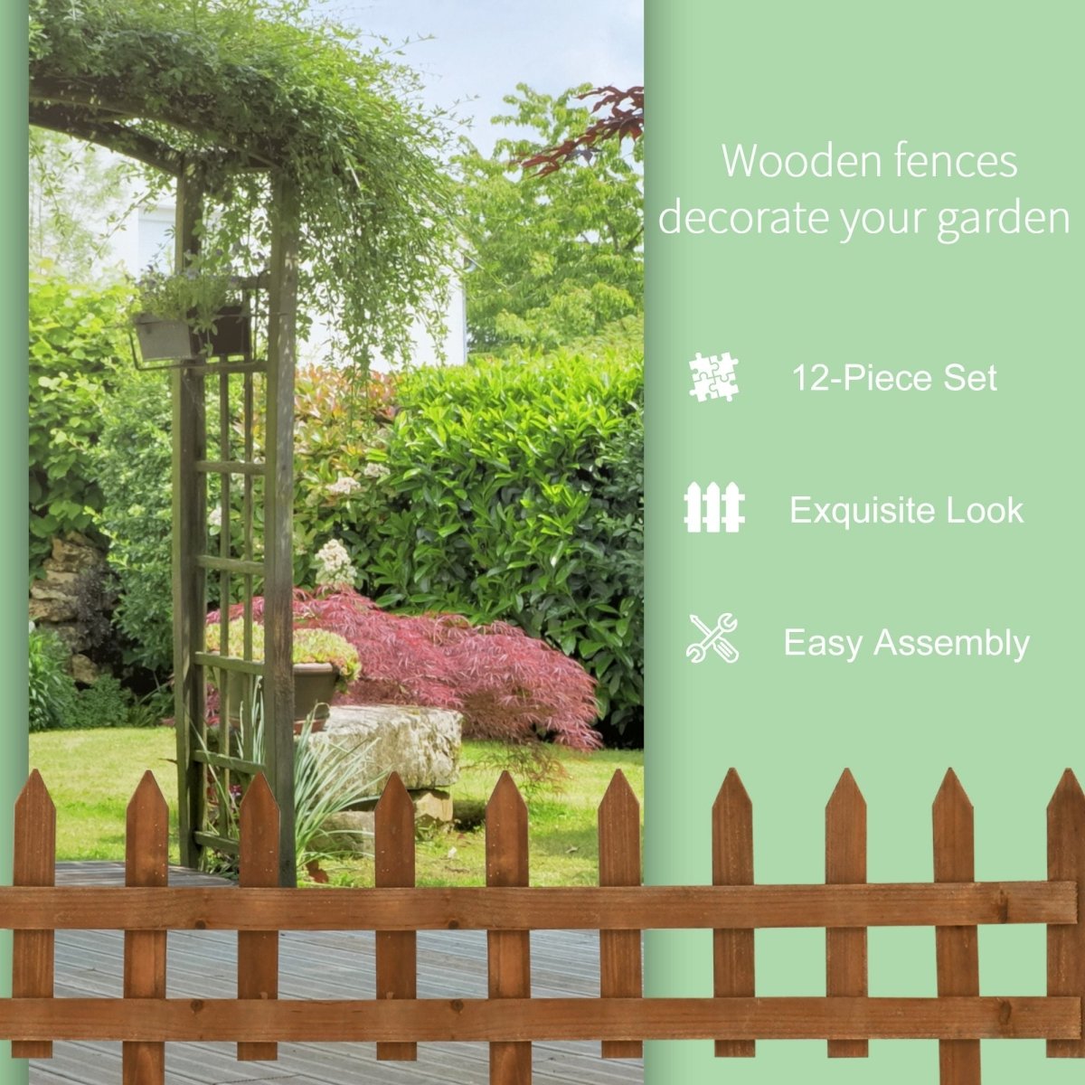 Outsunny Pack of 24 Wooden Border Fences, Garden Fixed Picket Fence for Lawn Edging, Flowerbed, 60L x 1D x 34H cm, Brown - Dandys Landscape Supplies