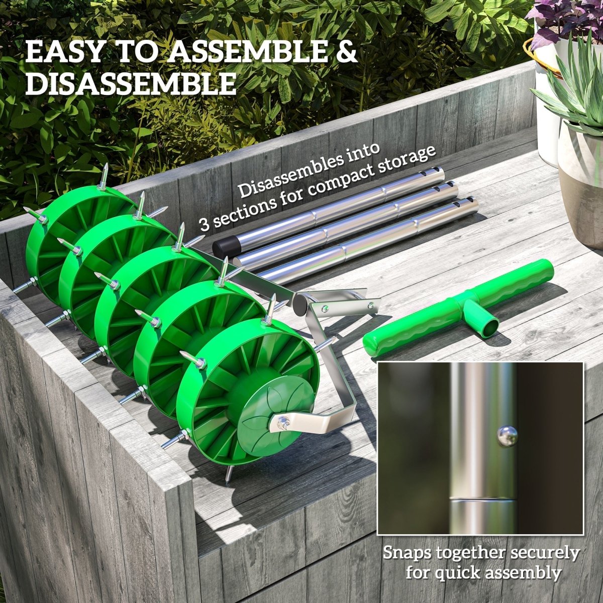 Outsunny Rolling Lawn Aerator, Manual Grass Spike Roller, Heavy Duty Garden Aerator with 3 Piece Detachable Handle and T-bar Grip, Outdoor Garden Lawn Tool, Dark Green - Dandys Landscape Supplies
