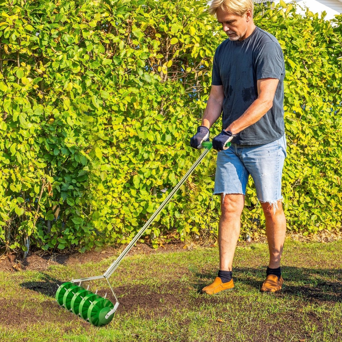 Outsunny Rolling Lawn Aerator, Manual Grass Spike Roller, Heavy Duty Garden Aerator with 3 Piece Detachable Handle and T-bar Grip, Outdoor Garden Lawn Tool, Dark Green - Dandys Landscape Supplies