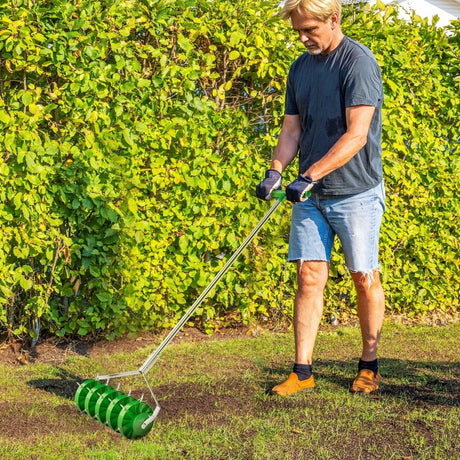 Outsunny Rolling Lawn Aerator, Manual Grass Spike Roller, Heavy Duty Garden Aerator with 3 Piece Detachable Handle and T-bar Grip, Outdoor Garden Lawn Tool, Dark Green - Dandys Landscape Supplies