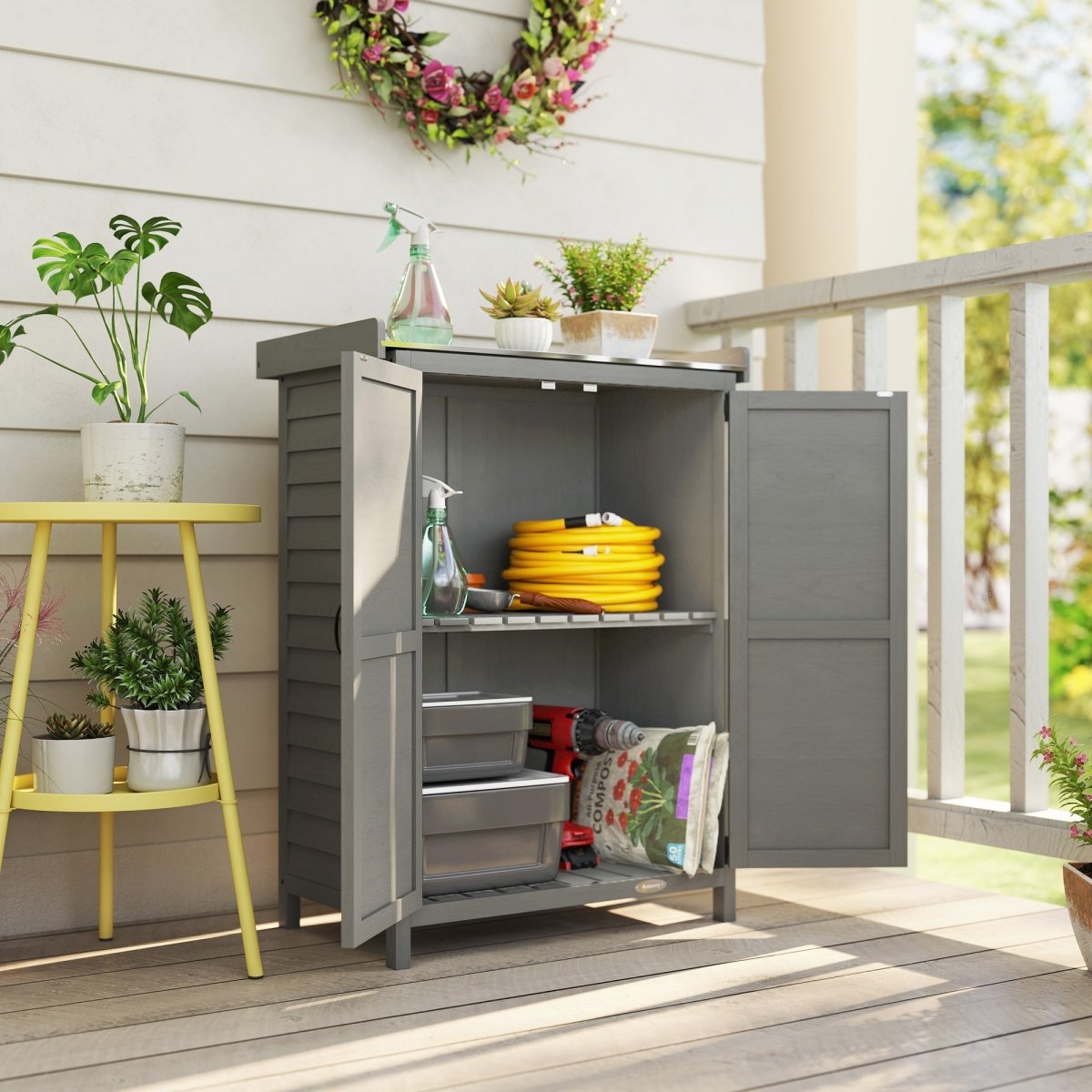 Outsunny Wooden Garden Shed, Garden Tool Storage Shed with Shelf and Side Hooks, 71.5 x 39 x 95 cm, Grey - Dandys Landscape Supplies