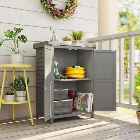 Outsunny Wooden Garden Shed, Garden Tool Storage Shed with Shelf and Side Hooks, 71.5 x 39 x 95 cm, Grey - Dandys Landscape Supplies