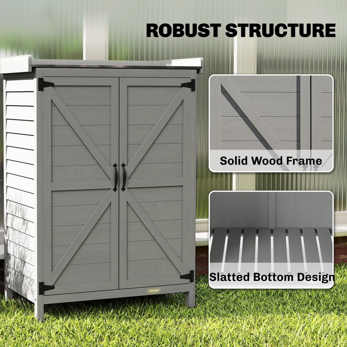 Outsunny Wooden Garden Shed, Garden Tool Storage Shed with Shelf and Side Hooks, 71.5 x 39 x 95 cm, Grey - Dandys Landscape Supplies