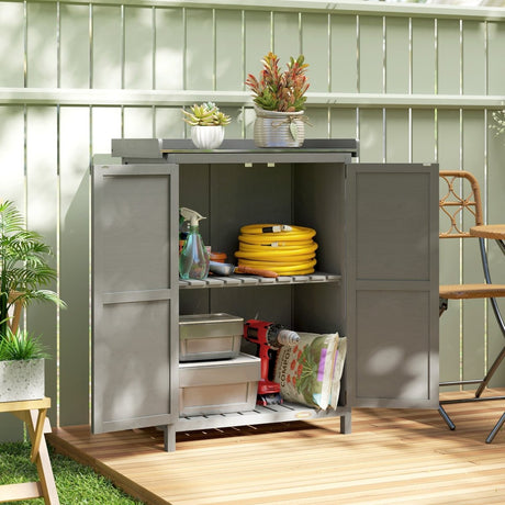 Outsunny Wooden Garden Shed, Garden Tool Storage Shed with Shelf and Side Hooks, 71.5 x 39 x 95 cm, Grey - Dandys Landscape Supplies