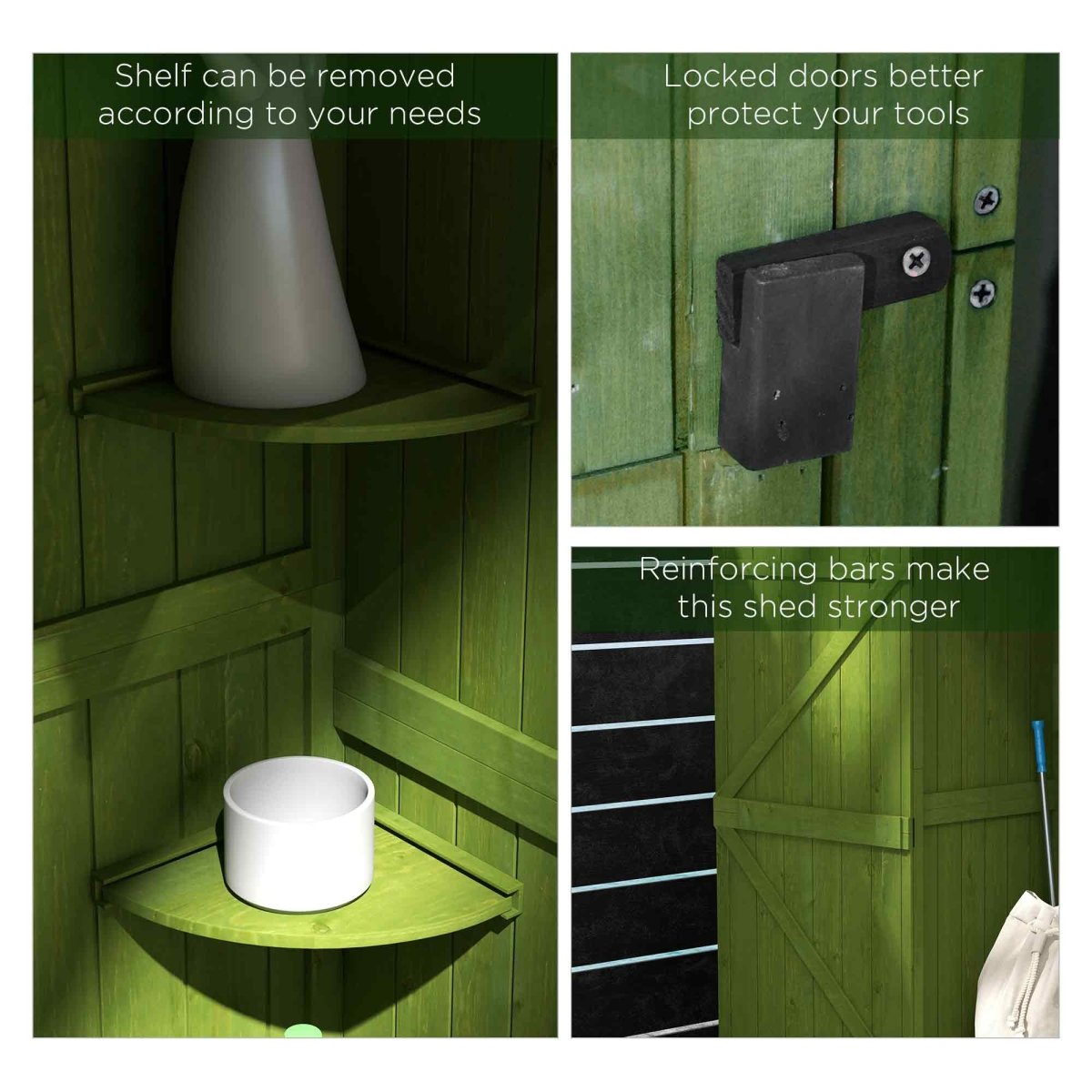 Outsunny Wooden Garden Shed, Utility Outdoor Small Shed with Lockable Double Doors, Shelves and Roof Hatch, Dark Green - Dandys Landscape Supplies