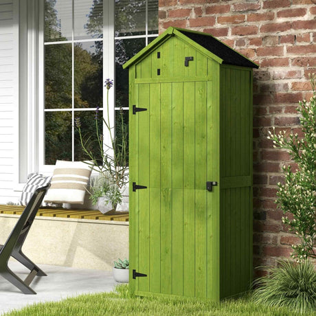 Outsunny Wooden Garden Shed, Utility Outdoor Small Shed with Lockable Double Doors, Shelves and Roof Hatch, Dark Green - Dandys Landscape Supplies