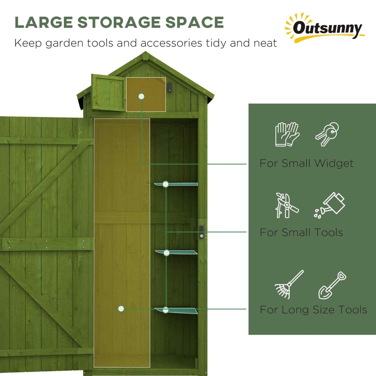 Outsunny Wooden Garden Shed, Utility Outdoor Small Shed with Lockable Double Doors, Shelves and Roof Hatch, Dark Green - Dandys Landscape Supplies