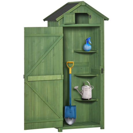 Outsunny Wooden Garden Shed, Utility Outdoor Small Shed with Lockable Double Doors, Shelves and Roof Hatch, Dark Green - Dandys Landscape Supplies