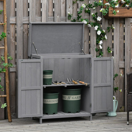 Outsunny Wooden Garden Storage Shed with Hinged Roof and Shelves, Outdoor Storage Cabinet Chest, Double Doors, 74 x 43 x 88cm, Grey - Dandys Landscape Supplies