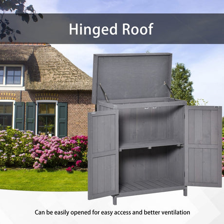 Outsunny Wooden Garden Storage Shed with Hinged Roof and Shelves, Outdoor Storage Cabinet Chest, Double Doors, 74 x 43 x 88cm, Grey - Dandys Landscape Supplies