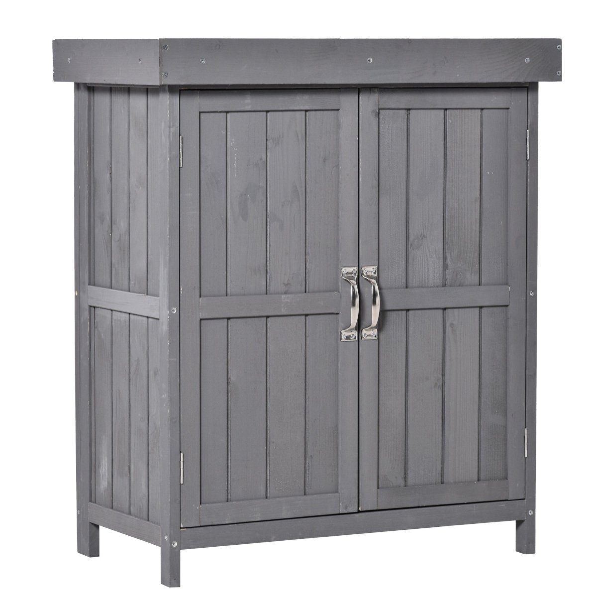 Outsunny Wooden Garden Storage Shed with Hinged Roof and Shelves, Outdoor Storage Cabinet Chest, Double Doors, 74 x 43 x 88cm, Grey - Dandys Landscape Supplies