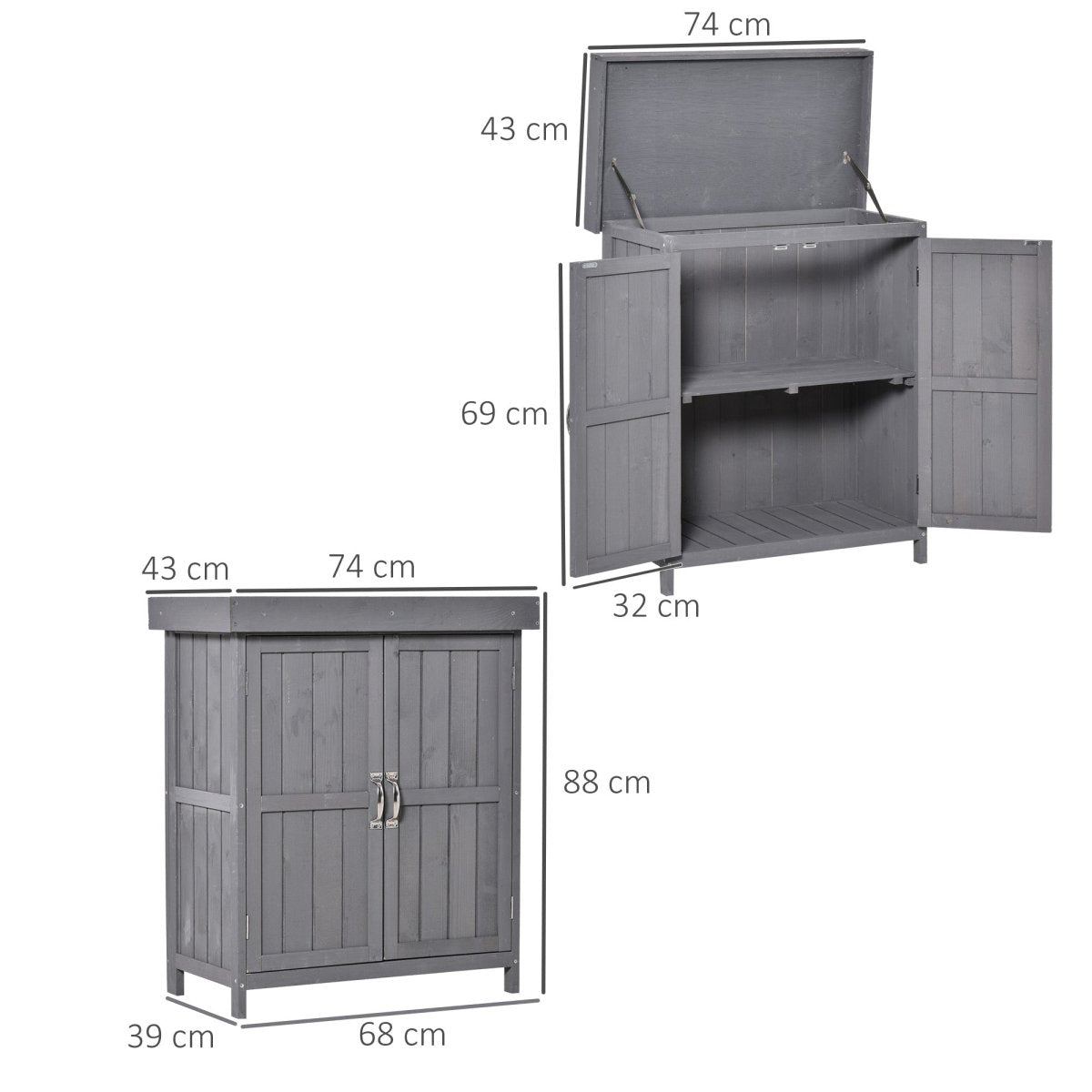 Outsunny Wooden Garden Storage Shed with Hinged Roof and Shelves, Outdoor Storage Cabinet Chest, Double Doors, 74 x 43 x 88cm, Grey - Dandys Landscape Supplies