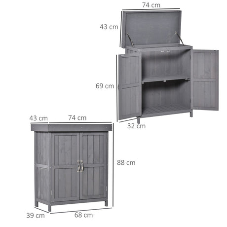 Outsunny Wooden Garden Storage Shed with Hinged Roof and Shelves, Outdoor Storage Cabinet Chest, Double Doors, 74 x 43 x 88cm, Grey - Dandys Landscape Supplies