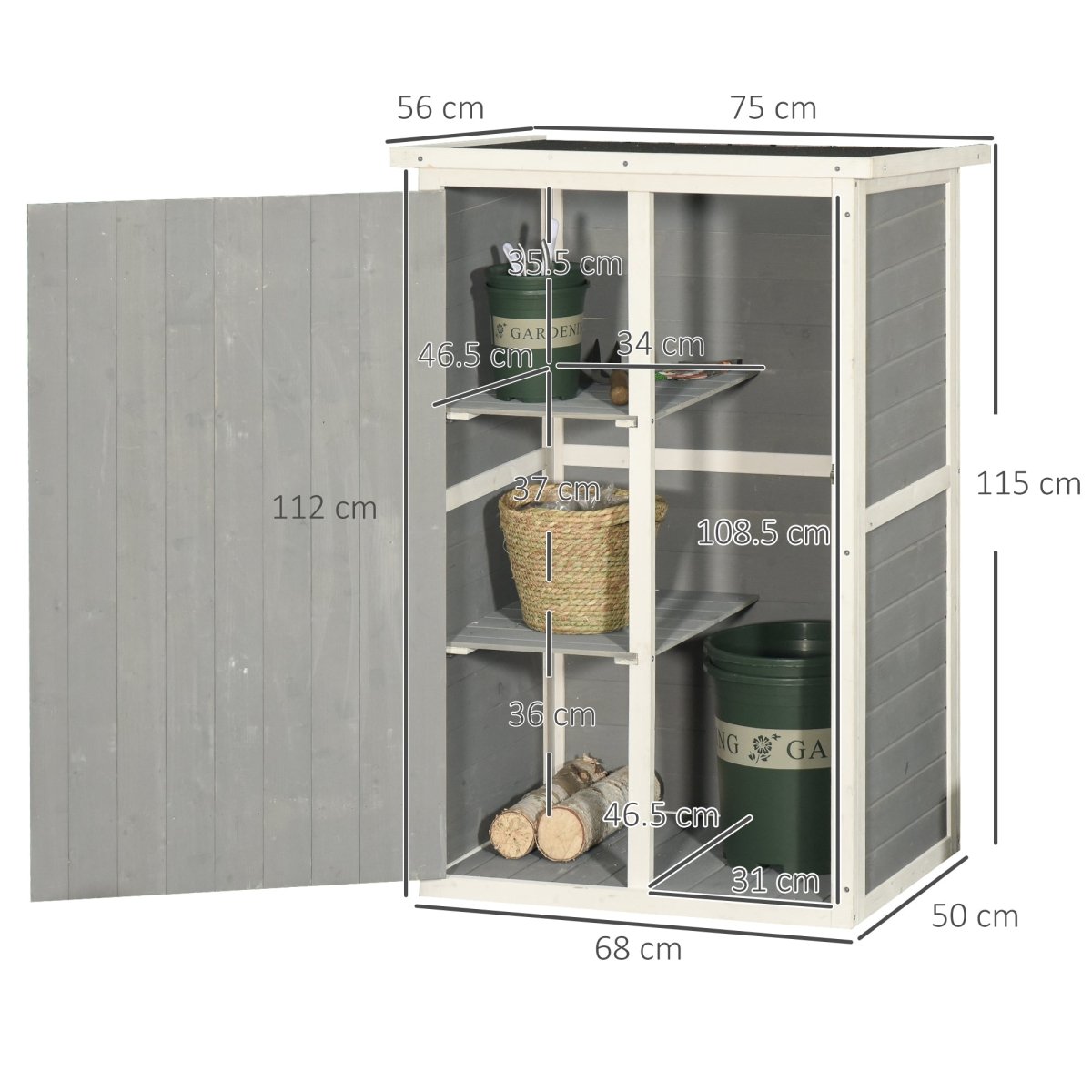 Outsunny Wooden Small Shed, Garden Storage Shed with Shelves and Bolt Latch, 75L x 56W x115H cm, Grey - Dandys Landscape Supplies