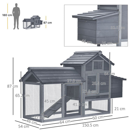 Pawhut Small Chicken Coop Hen Cage Nesting Box W/ Outdoor Run 150.5X54x87 Cm Grey - Dandys Landscape Supplies