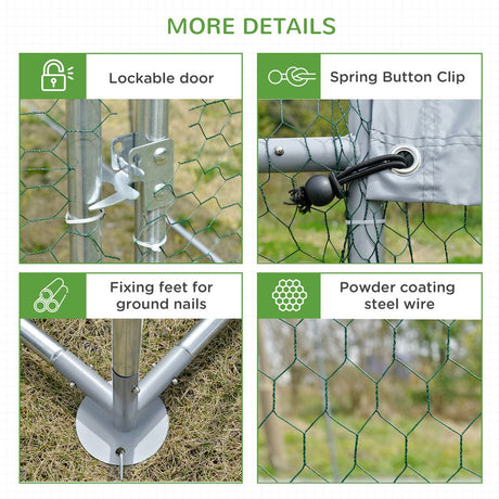 PawHut Walk In Chicken Run Galvanised Chicken Coop Hen Poultry House Cage Rabbit Hutch Pet Playpen Garden with Water - Resist Cover, 2.8 x 3.8 x 2m - Dandys Landscape Supplies